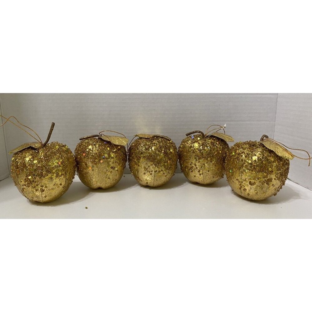 Gold & Sequin Apple Christmas Ornament Lot of 5 Holiday Decor